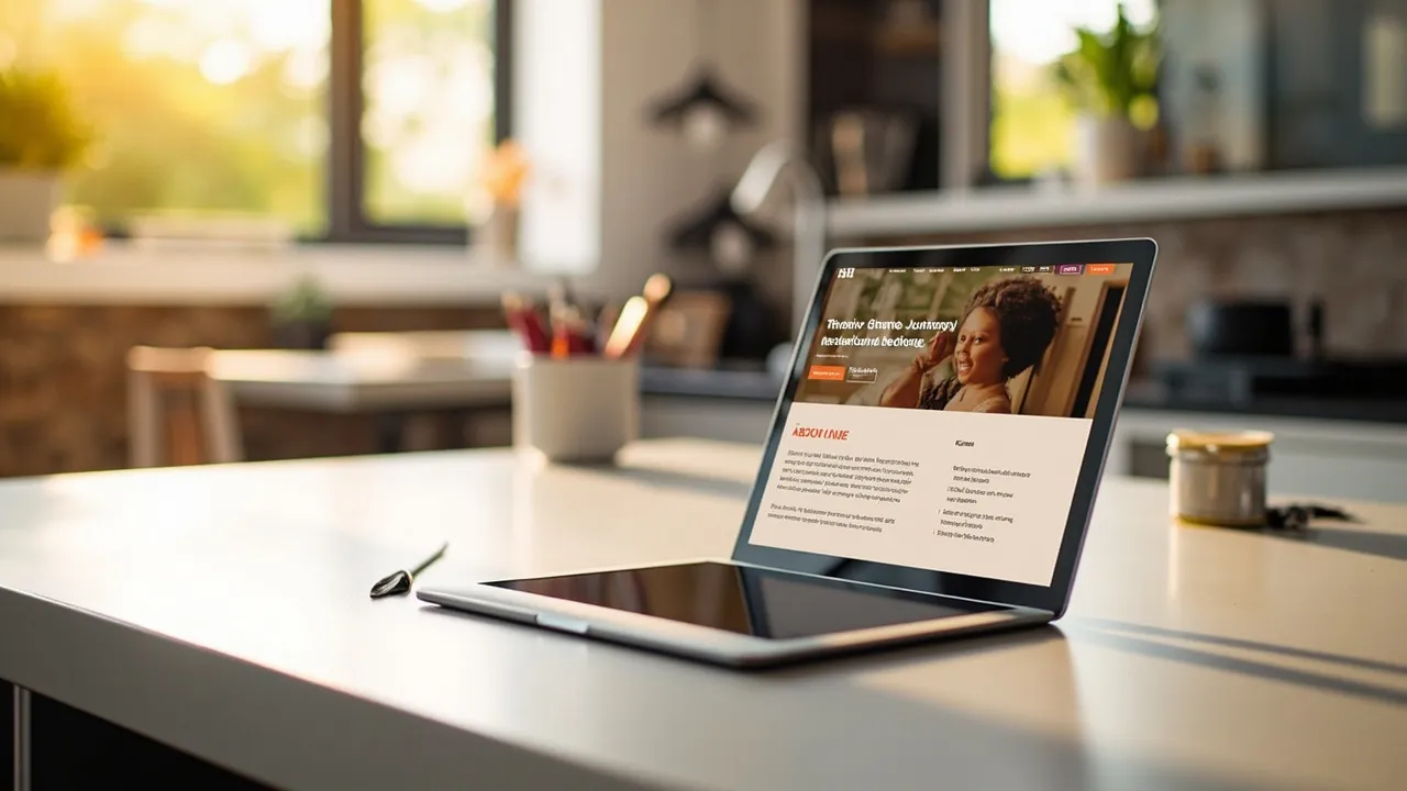 Symbolbild: ein Tablet zeigt eine warme Familien-Business-Website mit einer About-Story auf einer Küchentheke